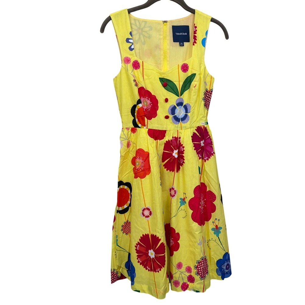ModCloth Biking Through Brussels Yellow Floral Cotton Dress XS Retro Picnic